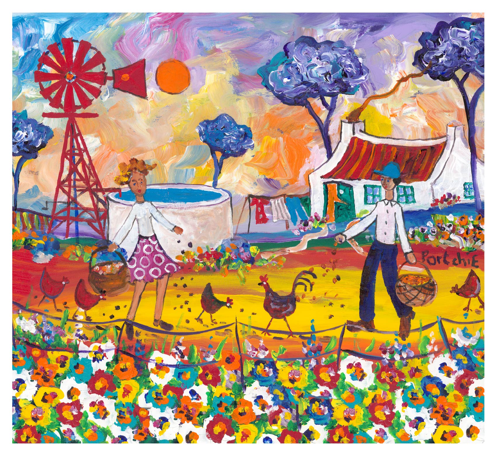 Large rectangular 'Feeding the Chickens' print