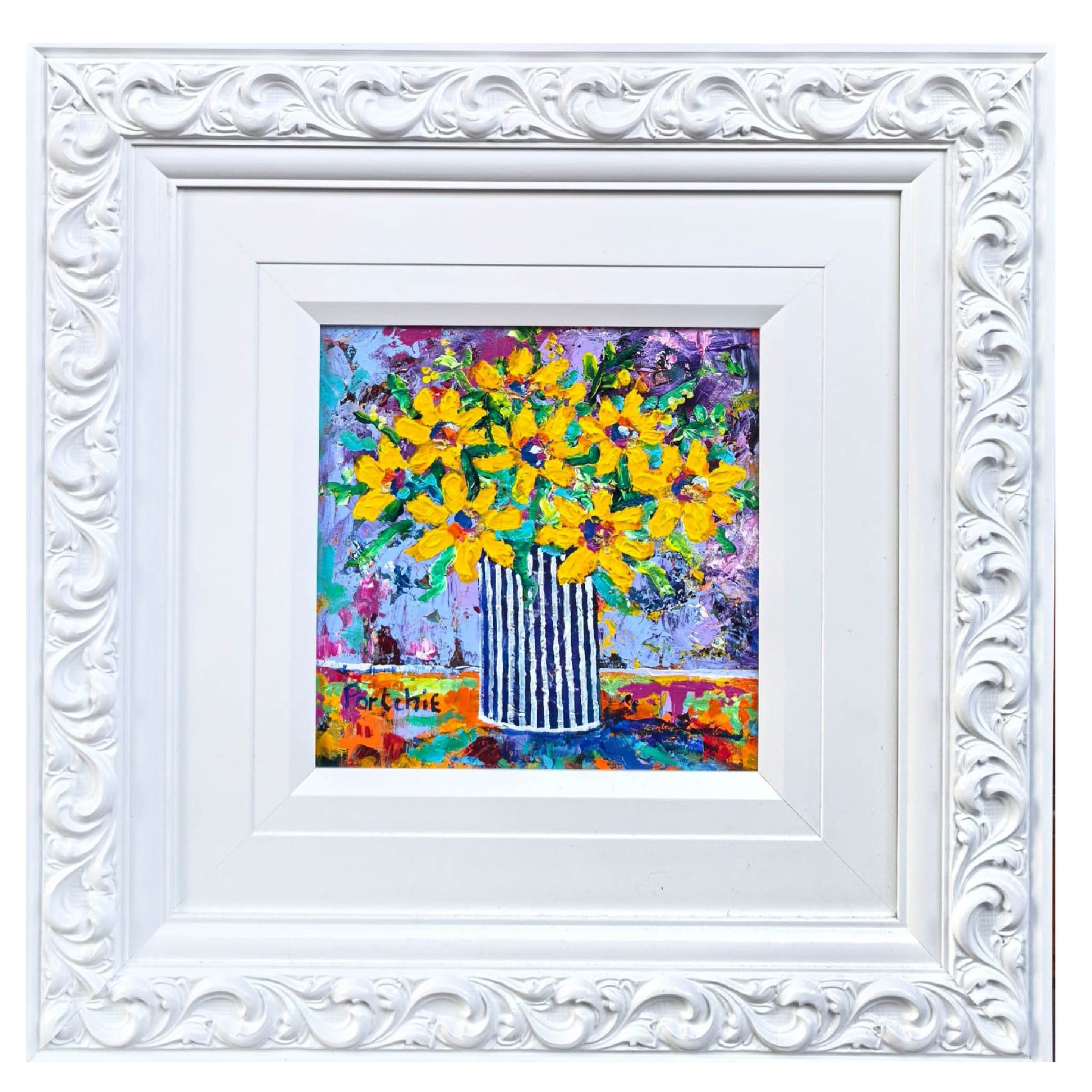 Yellow daisies in blue / white Vase