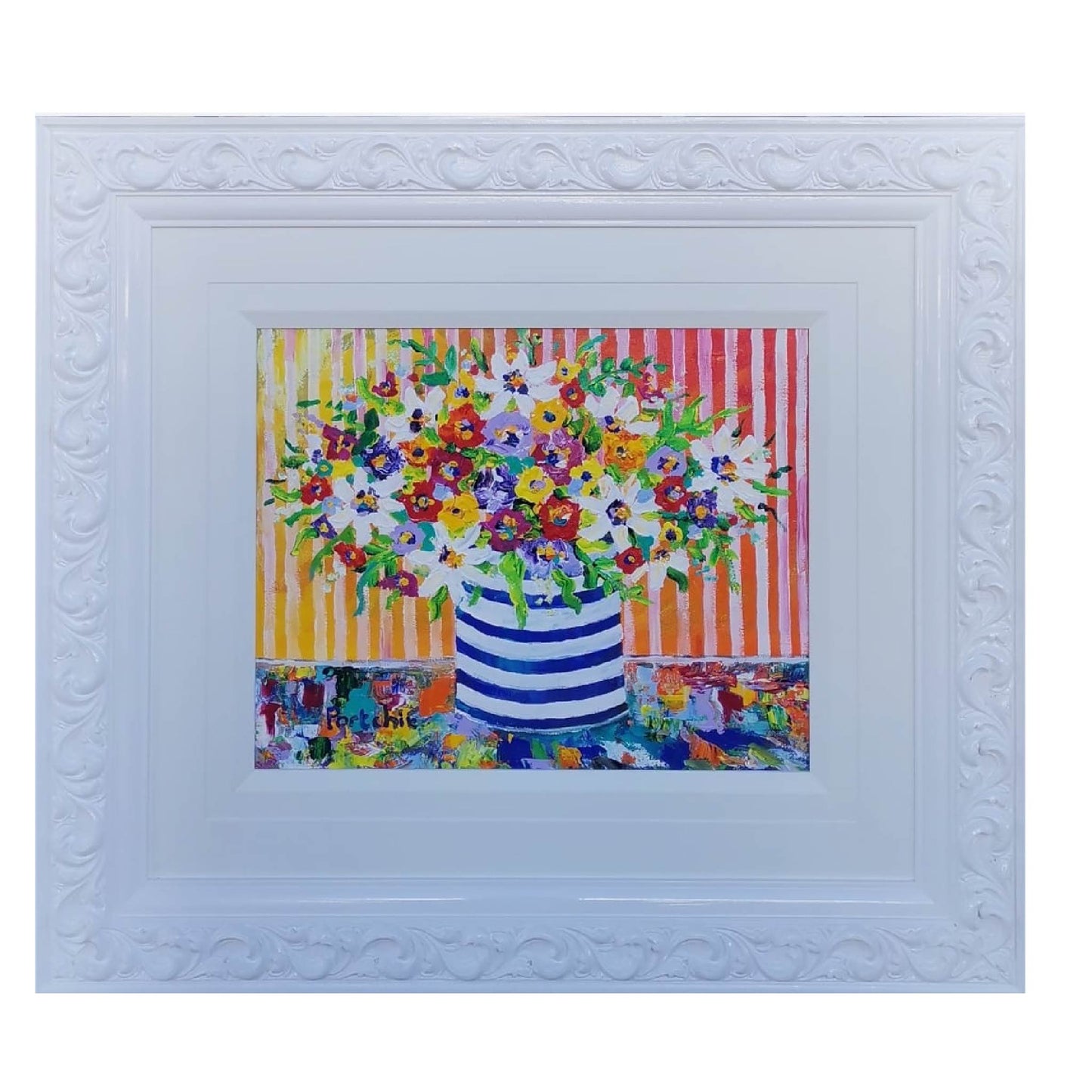 Mixed flowers in striped vase