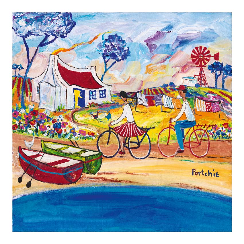 Small 'Cycling by the Sea side' print