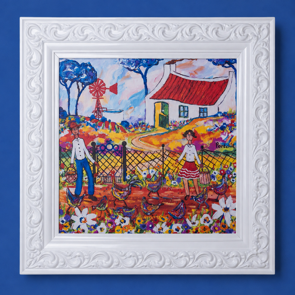Textured Canvas "Feeding The Chickens"