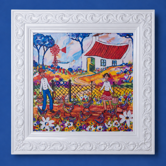 Textured Canvas "Feeding The Chickens"