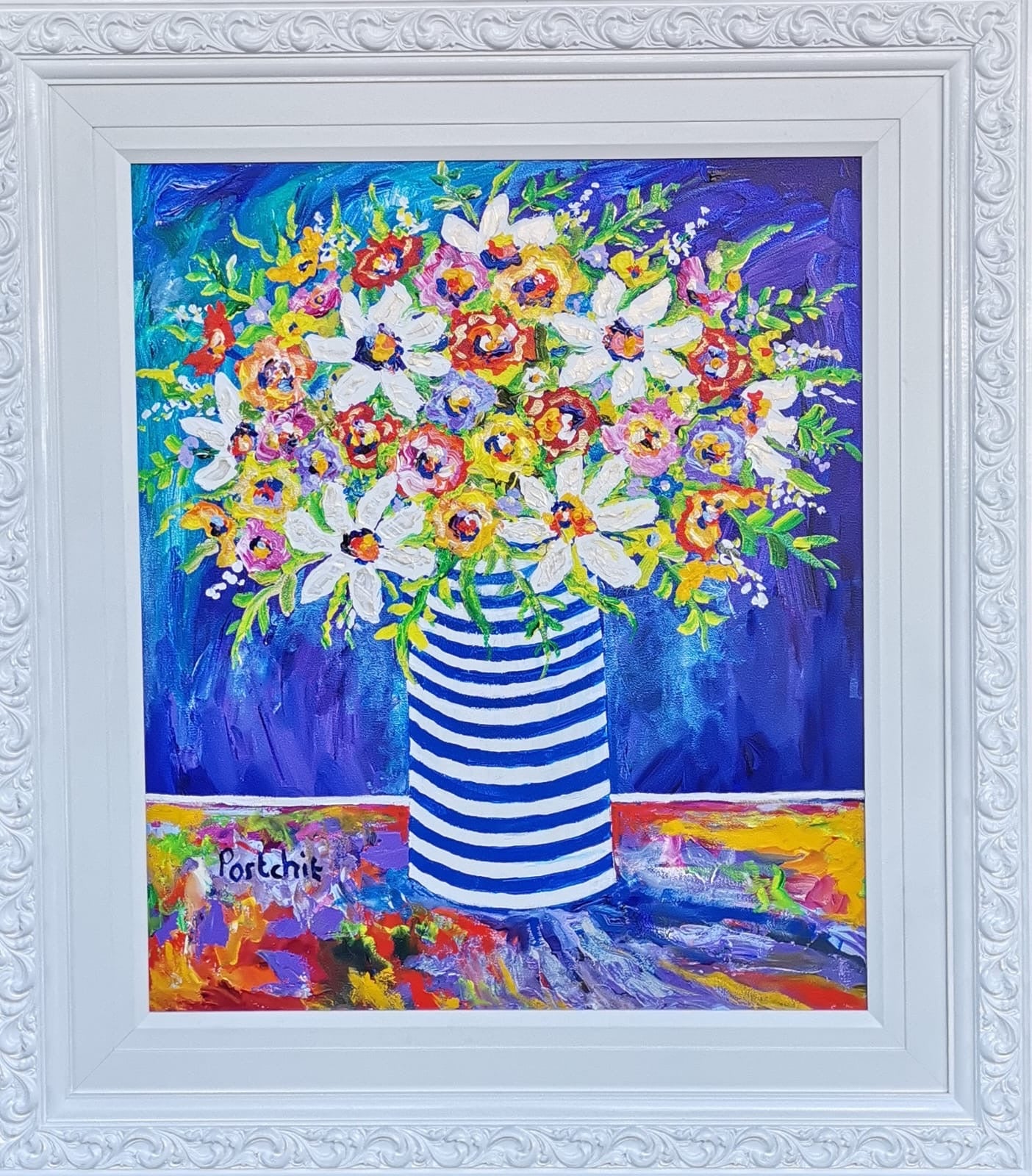 Mixed Flowers in a Blue and White Vase