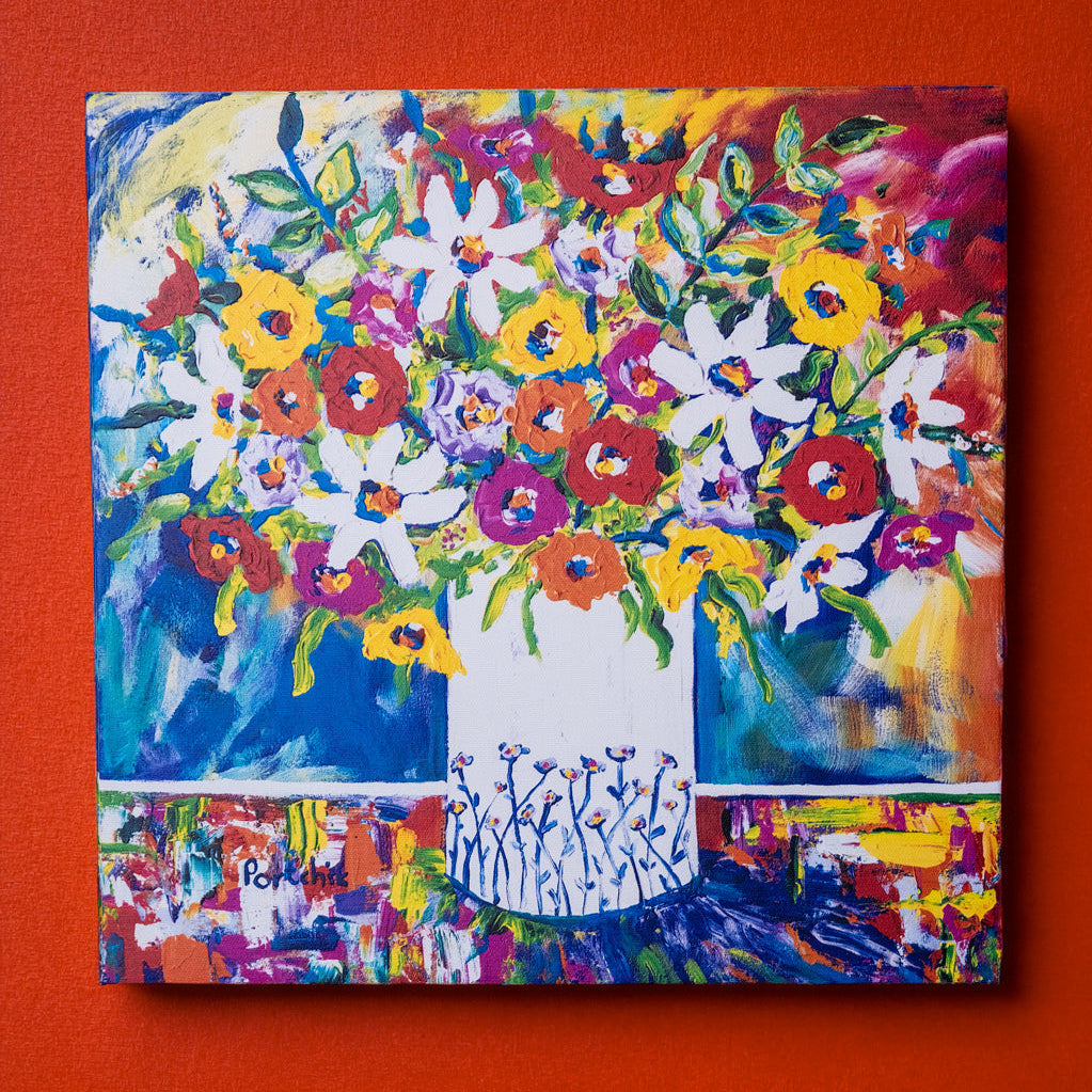 Textured Canvas "Flowers In White Vase"