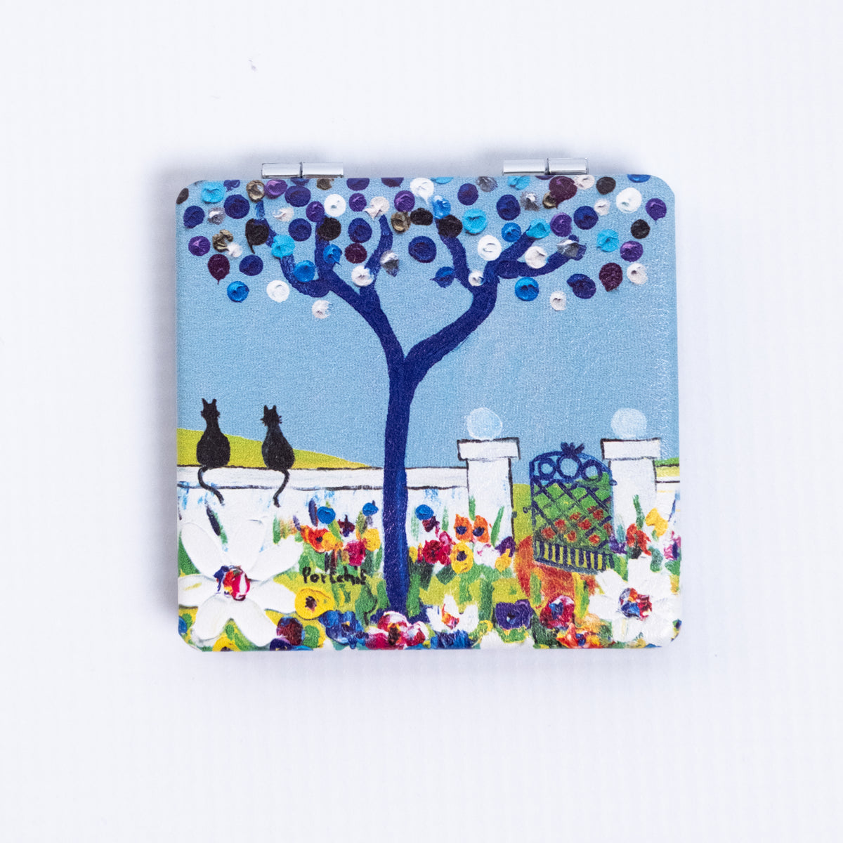 Portchie pocket mirror featuring the Two Cats On a Wall artwork