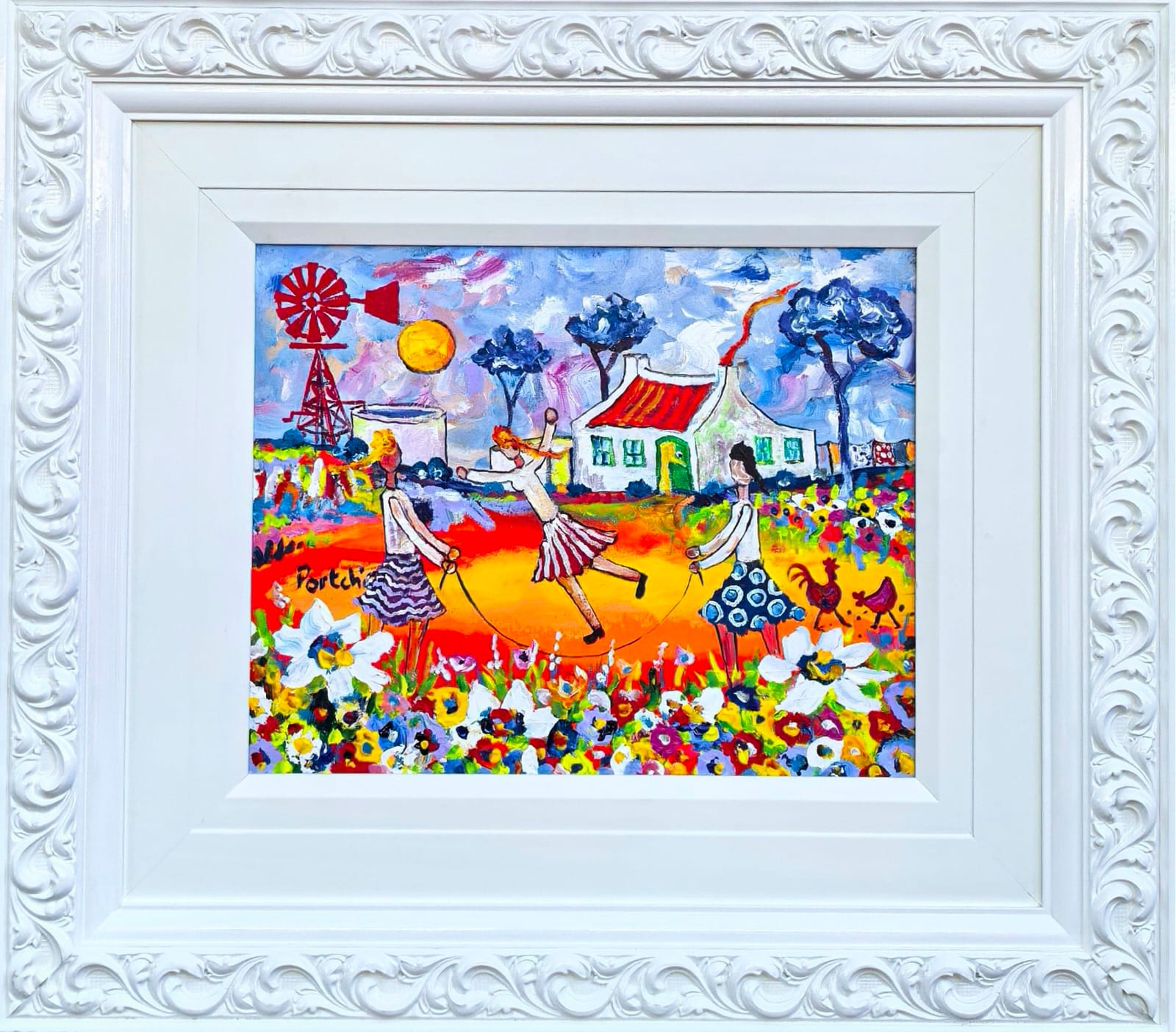 Three Girls skipping by the Farmhouse