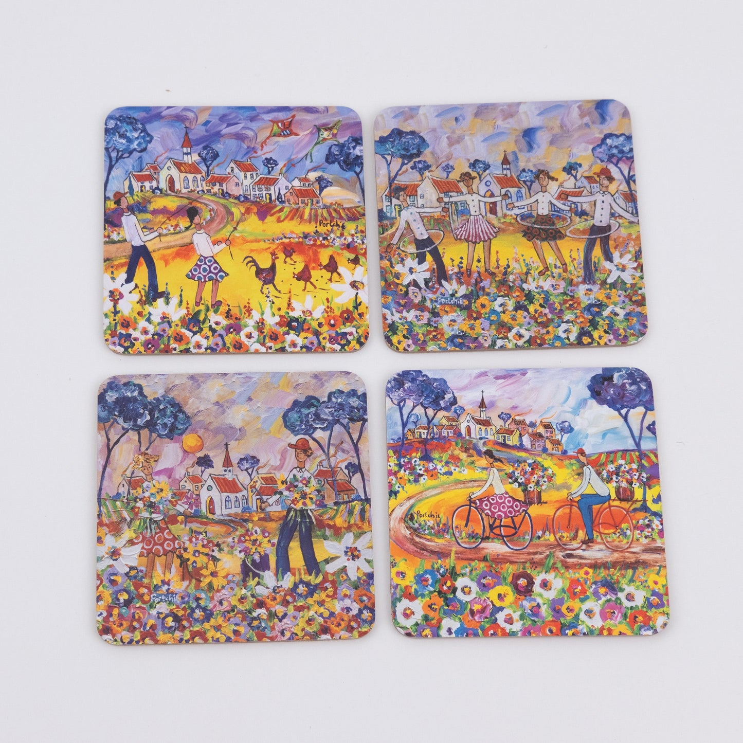 Boy and Girl Flying Kite Cork Coaster Set