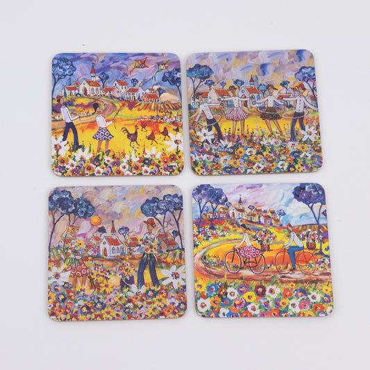 Boy and Girl Flying Kite Cork Coaster Set
