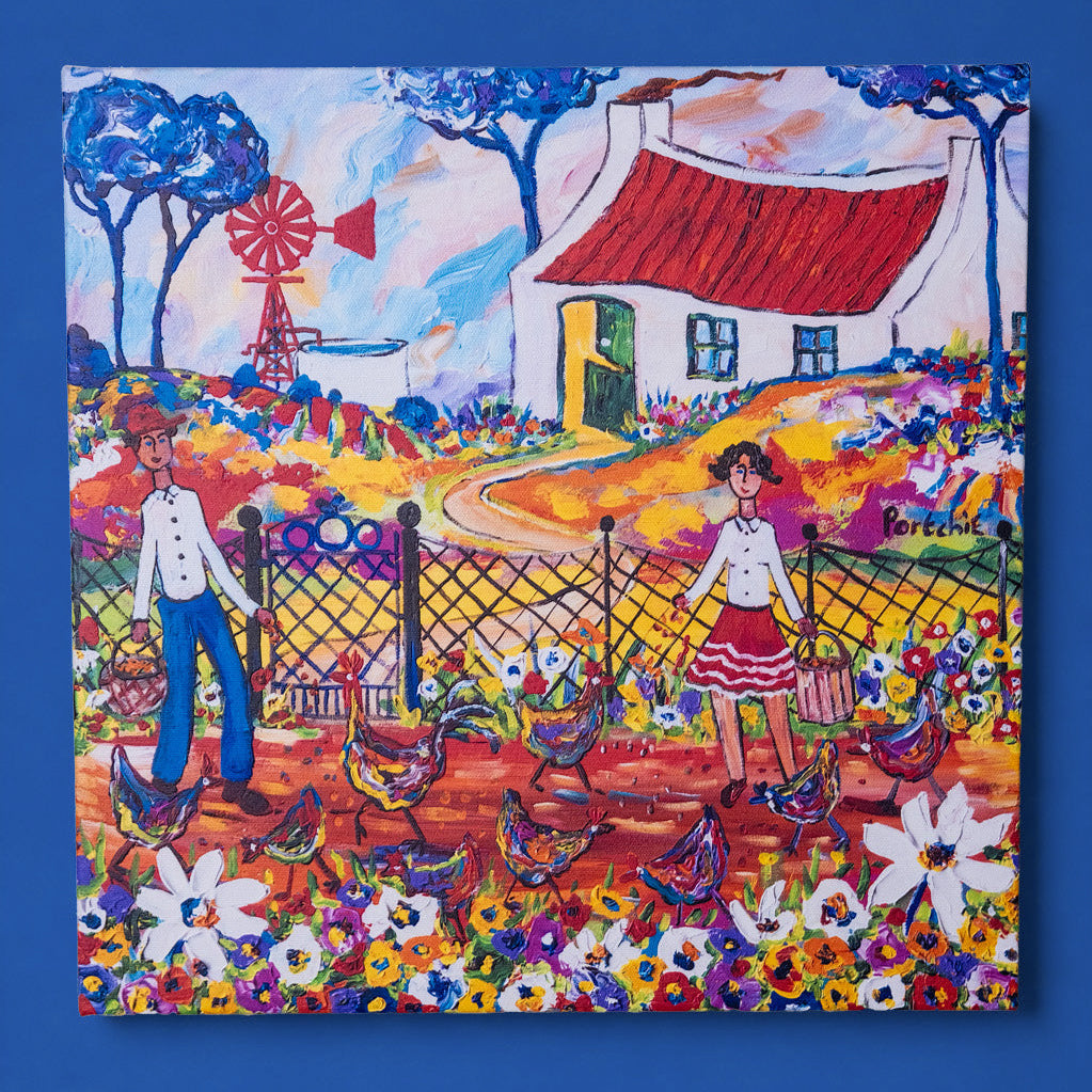 Textured Canvas "Feeding The Chickens"